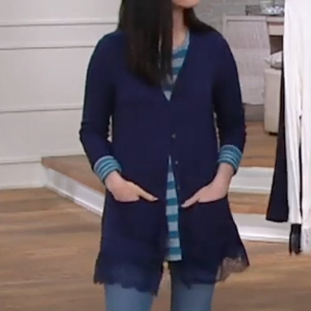 LOGO by Lori Goldstein Cardigan with Washer Satin & Lace Trim Blue Size Medium